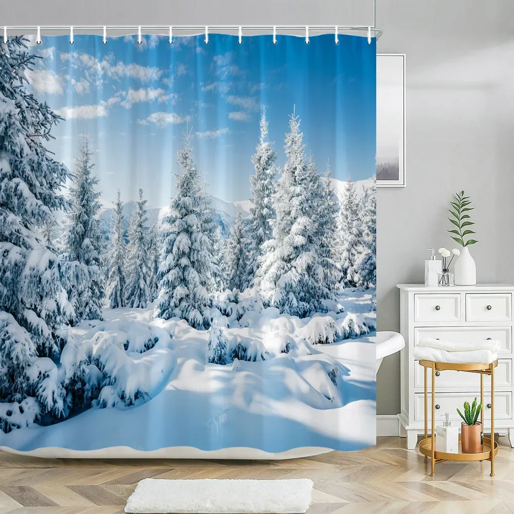 Winter Snow Fir Forest Christmas Tree Bathroom Shower Curtain Set Natural Scenery Waterproof Hanging Curtains Bathtub Accessory