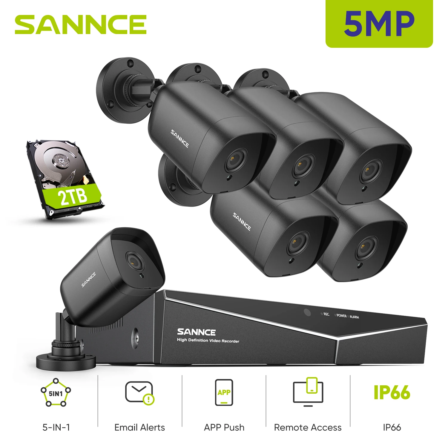 Sannce Home 8ch Security Cctv-Systeem H.265 + 8ch Dvr 6Pcs 5mp Nachtzicht Buitenbewaking Waterdichte Camerakits