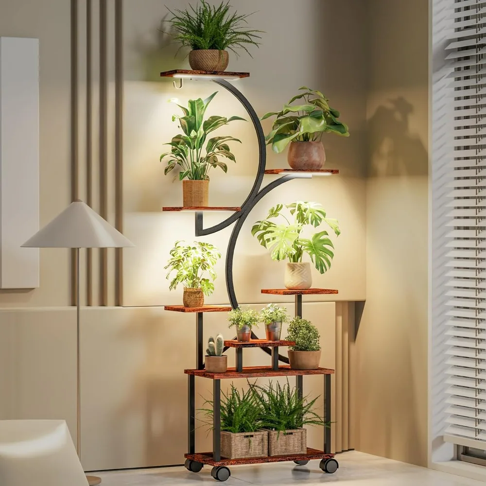 Support pour plantes d'intérieur avec lumières de culture, étagère pour plantes à 8 niveaux, supports pour plantes d'intérieur de 62 pouces de haut pour plusieurs supports de fleurs en métal