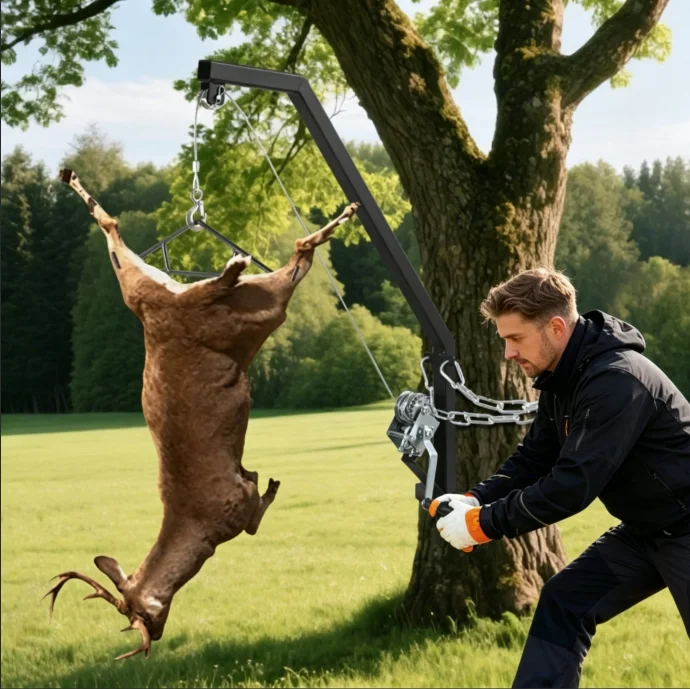400 LBS Tree Mounted Hunting Game Hoist with Winch, Ratchet Strap & Steel Cable, heavy-duty deer hanger for hanging game deer