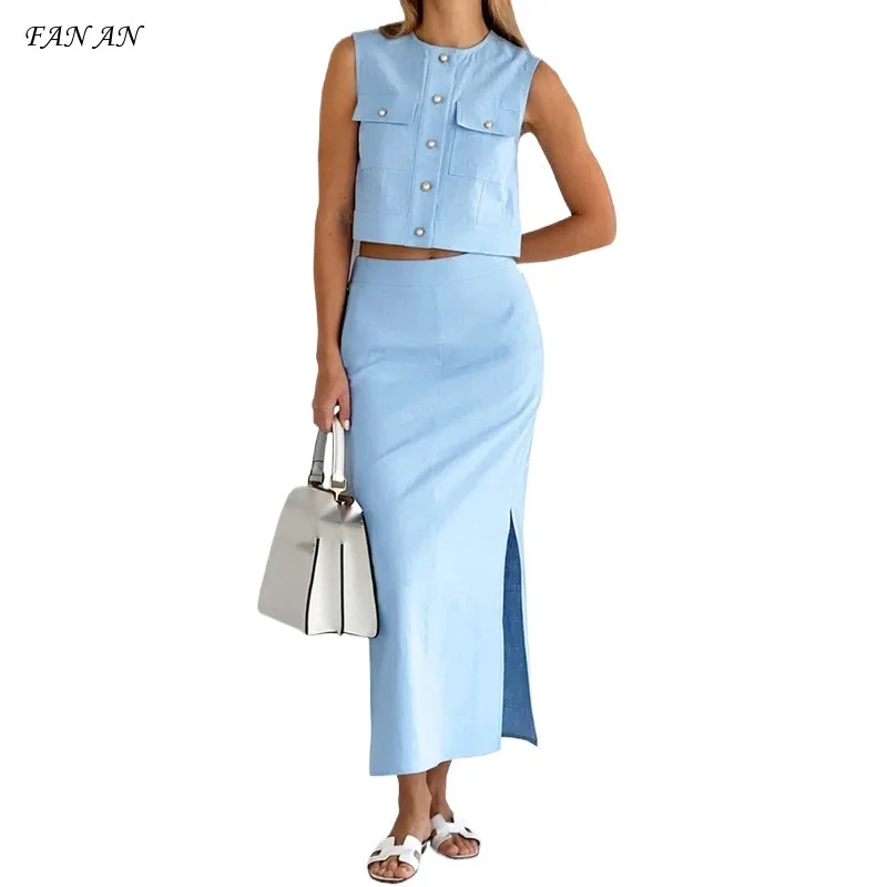 

Summer Early Autumn New Versatile Fashion High Waisted Slim Fit Elegant Temperament Solid Color Split Two-piece Women Skirt Set