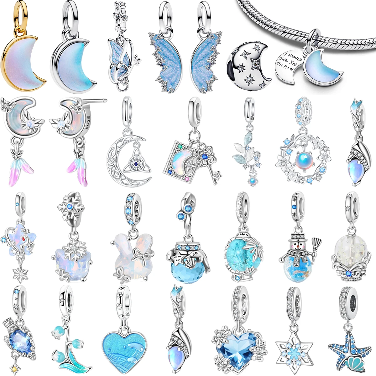 

New Original 925 Sterling Silver Blue Charms Moon Butterfly Crystal Ball Beads Pendants Fit Bracelet Necklace DIY Jewelry Gift