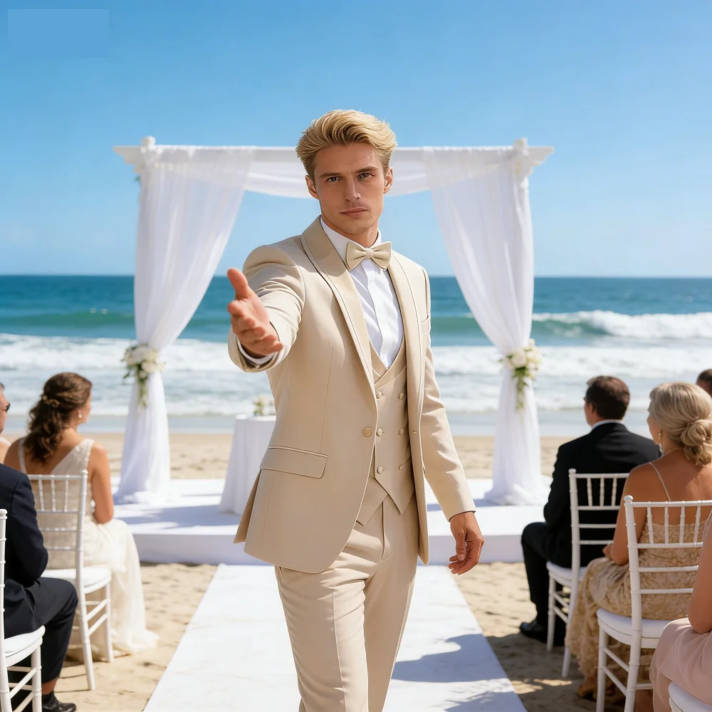 

Suave Khaki Unique Breasted Peak Lapel Men's Ternos 3-Piece Suit (Jacket + Pants + Vest) Wedding Party Ensemble