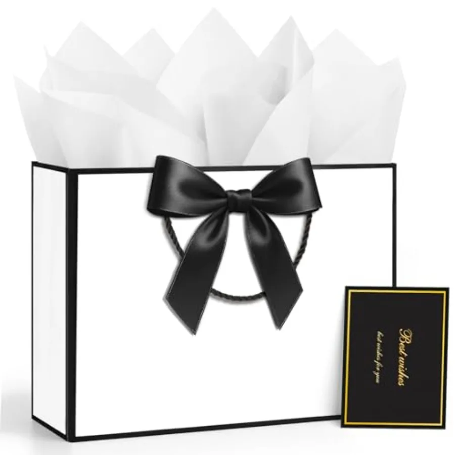 1PCS Gift Bag Medium, Paper Gift Bags with Handles 1 Ribbon 2 Tissue Paper 1 Card, Packaging Bag for Women and Men, Graduation,