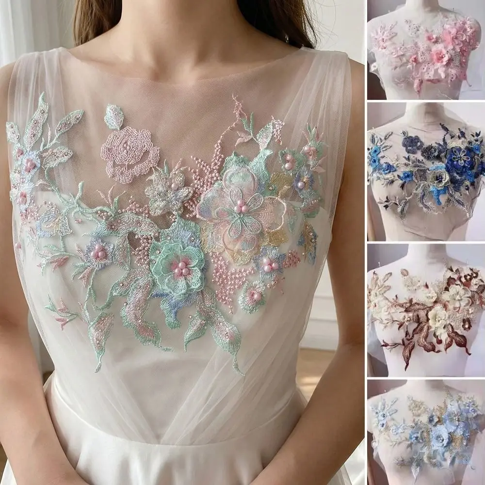3D Flowers 3D Embroidered Patches Flower Lace Mesh Lace Sewing On Patches Colorful Sequined Elegant Beaded Lace Applique