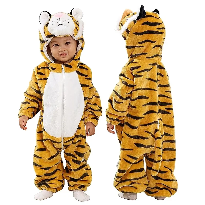 Toddlers\' Infant Tiger Dinosaur Animal Fancy Dress Costume Outfit Hooded Romper Jumpsuit Kids Warm Pajama Bodysuit