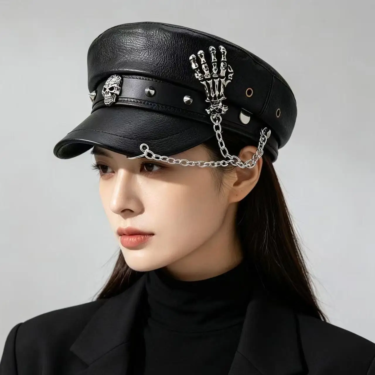 Spice Girl Leopard Print Rivet Leather Buckle Flat Cap American Retro Personality Street Wide Eek Face Small Navy Cap