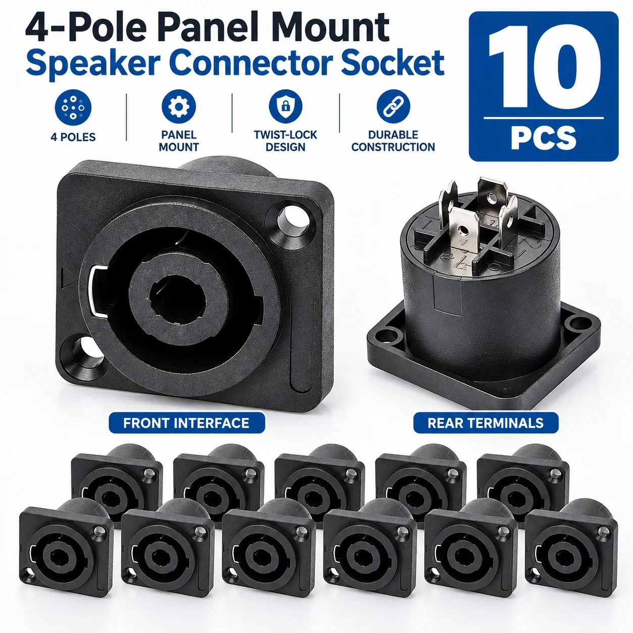 10PCS 4 Pin Female Speaker Jack Socket Connector Panel Mount Square Flange Twist Lock for PA Audio Loudspeaker Amplifier Cabinet