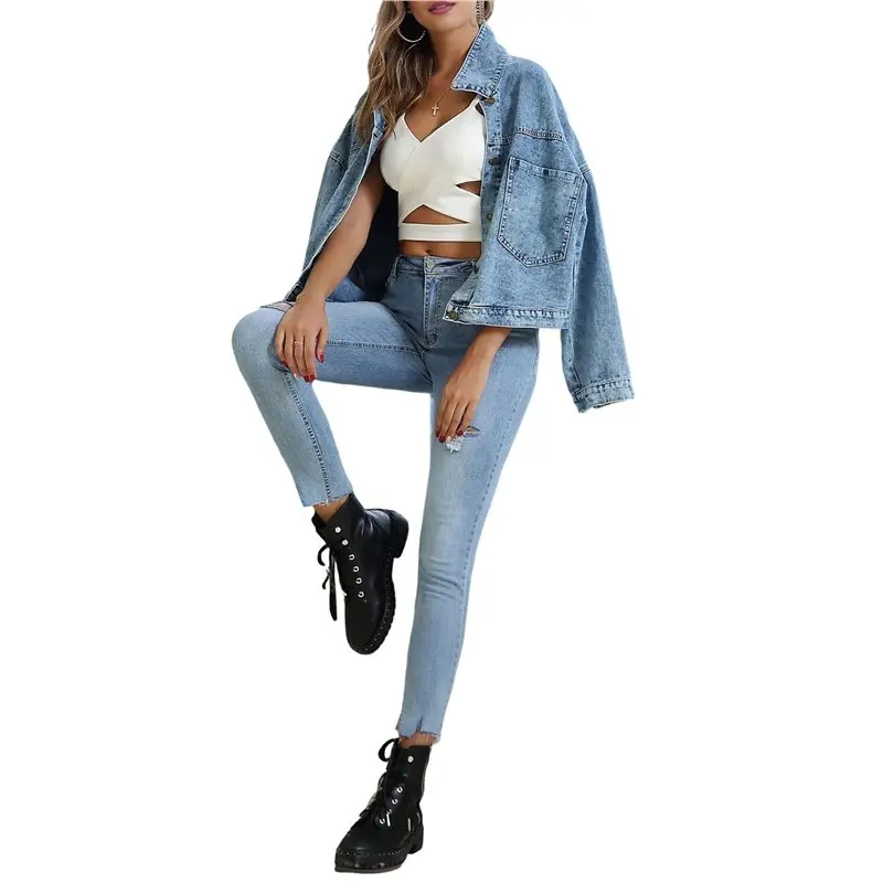 IALJ-سترة نسائية قصيرة فضفاضة كاجوال بجيب كبير من قماش الدنيم