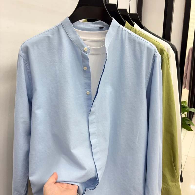 2026 Autumn Men's Long Sleeved Shirt Loose Collar Shirt Trendy Casual Versatile Middle Aged Youth Solid Color Top