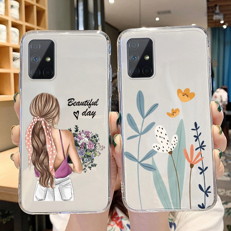 Чехлы для Samsung Galaxy A51 A71 4G 5G, задняя крышка, прозрачный мягкий силиконовый милый мультяшный чехол с цветами для Samsung A 51, чехол