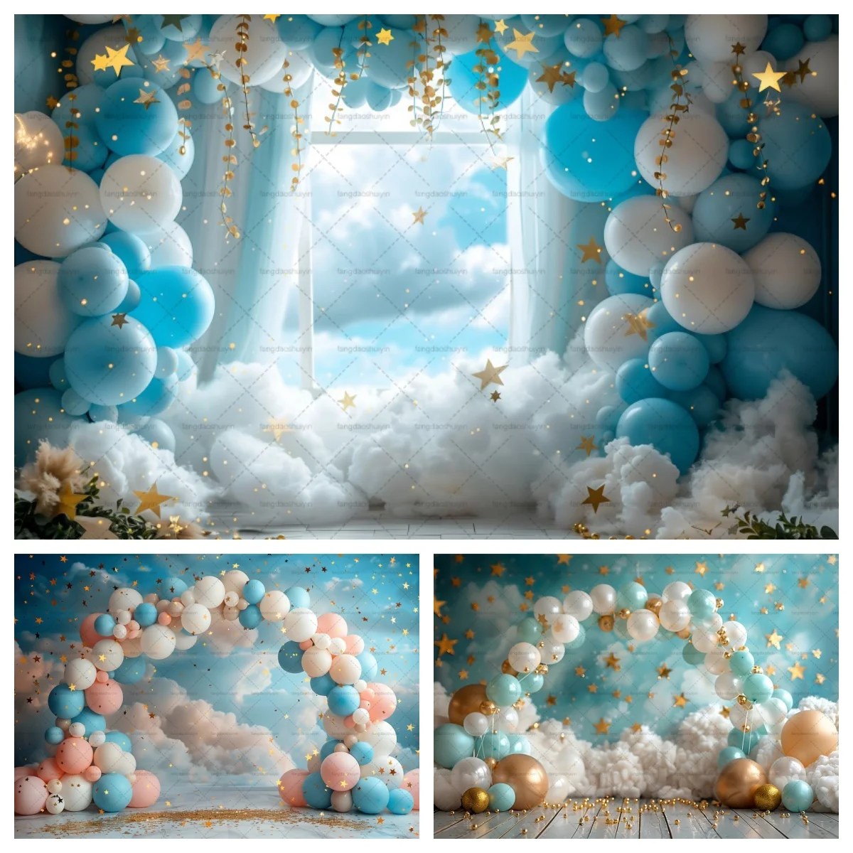 

Blue Balloon Baby Birthday Backdrop Cloud Star Newborn Baby Shower Birthday Party Cake Smash Photography Background Decor