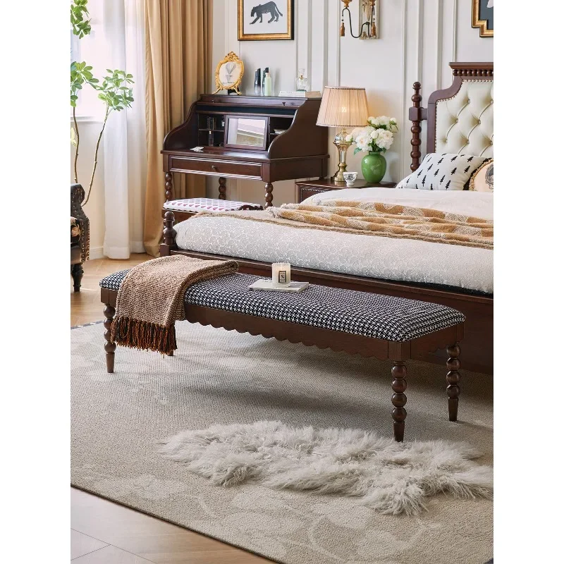 French retro solid wood bench Thousand Birds Grid Fabric Soft Bag Long Stool Middle Antique Bedroom 1.58 meters Bedside Stool