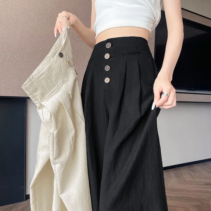 2026 Summer New Linen Wide Leg Pants For Women Thin High Waist Ice Silk Loose Floor Length Trousers Casual Pants