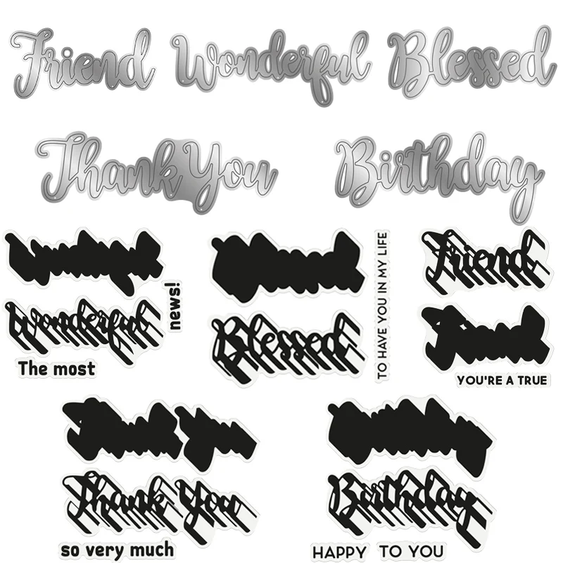 Stacking Happy Birthday Friend Thank You Wonderful Blessed Cutting Dies Shadow Stamps for Diy Scrapbooking Embossing Cards Craft