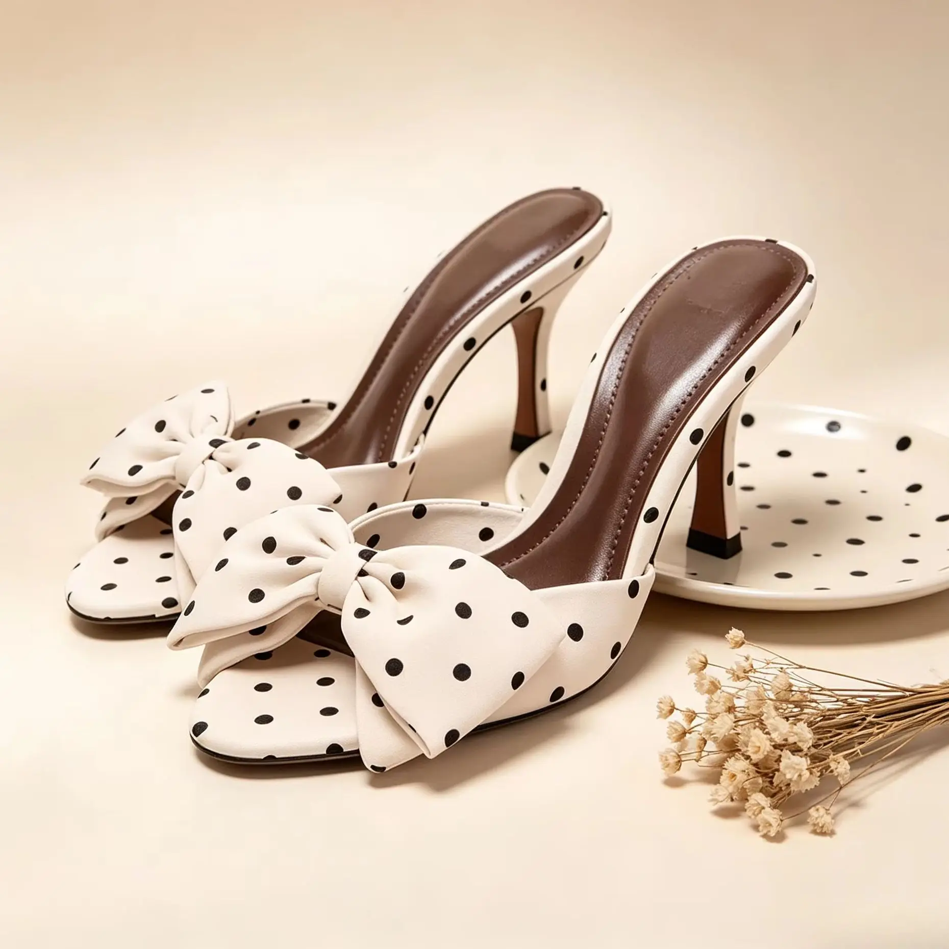 2026 Spring/Summer New Fashionable 7cm High Heels Women's Shoes with Polka Dot Bow One Line Open Toe Slippers