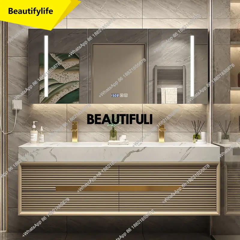 a17 Light Luxury Bathroom Cabinet Rock Plate Washstand Modern Washbasin Toilet Wash Basin Combination Suit Oak Milk Tea Color