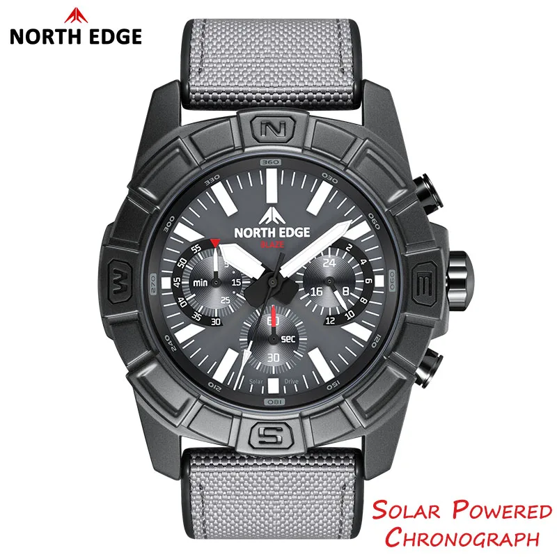 NORTH EDGE 2025 BLAZE Men's Watches Solar Power 316 stainless steel Case Quartz Watch For Men Pilot Waterproof 50M Stopwatch
