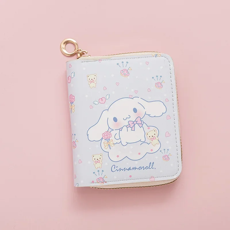 Sanrio-cartera con estampado de dibujos animados para chica, cartera pequeña con cremallera corta, regalo de cumpleaños, Cinnamoroll