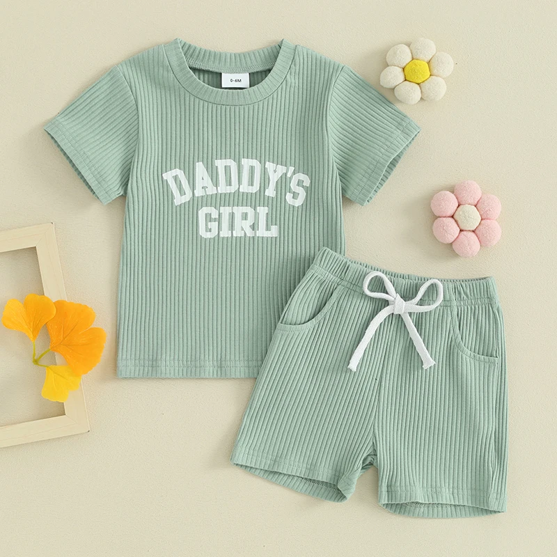 

Toddler Baby Girls Summer Clothes Sets Letter Print Short Sleeve Round Neck T-Shirt with Ribbed Shorts Casual Outfits