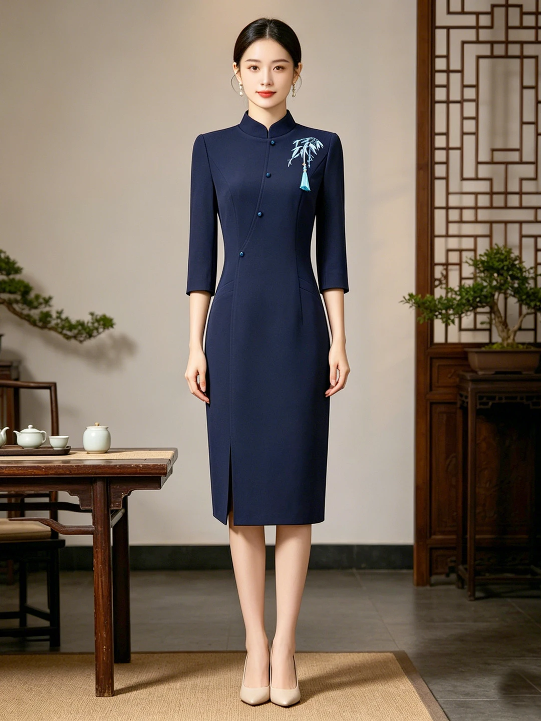 

New Chinese Style Tea Ceremony Women's Dress Set Professional Qipao Long Dress Bamboo Charcoal Fiber High Slit Wedding Guest