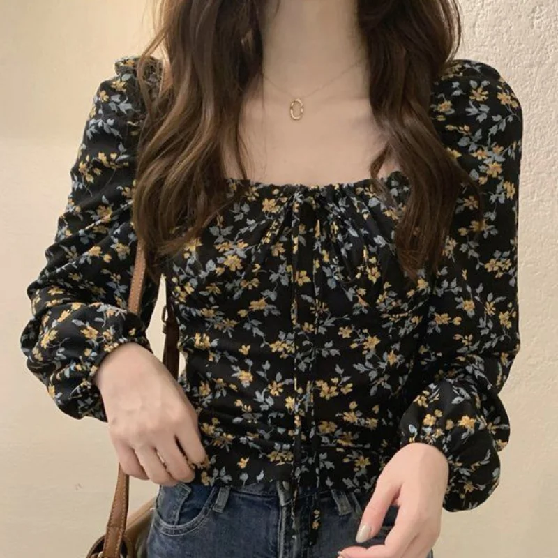 Floral Blouses Women Long Puff Sleeve Lace-up Design Fashion Slim Fit Casual Females Ulzzang All-match Spring Stylish Popular