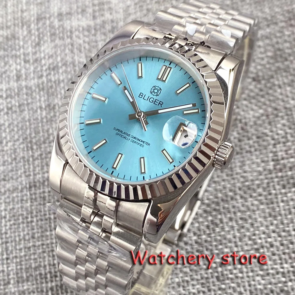 Bliger 36mm 39mm Mechanical Watches for Couple Ice Blue Pink Black Red Dial NH35 Automatic Coin Bezel Date display High accuracy