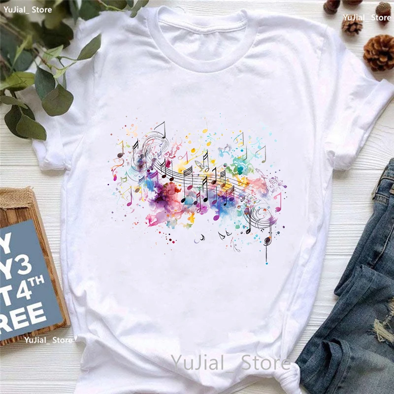 Rainbow Music Note Flowers Print T Shirt Girls Summer Fashion T-Shirt Womem Hip Hop Tshirt Femme Harajuku Shirt Streetwear