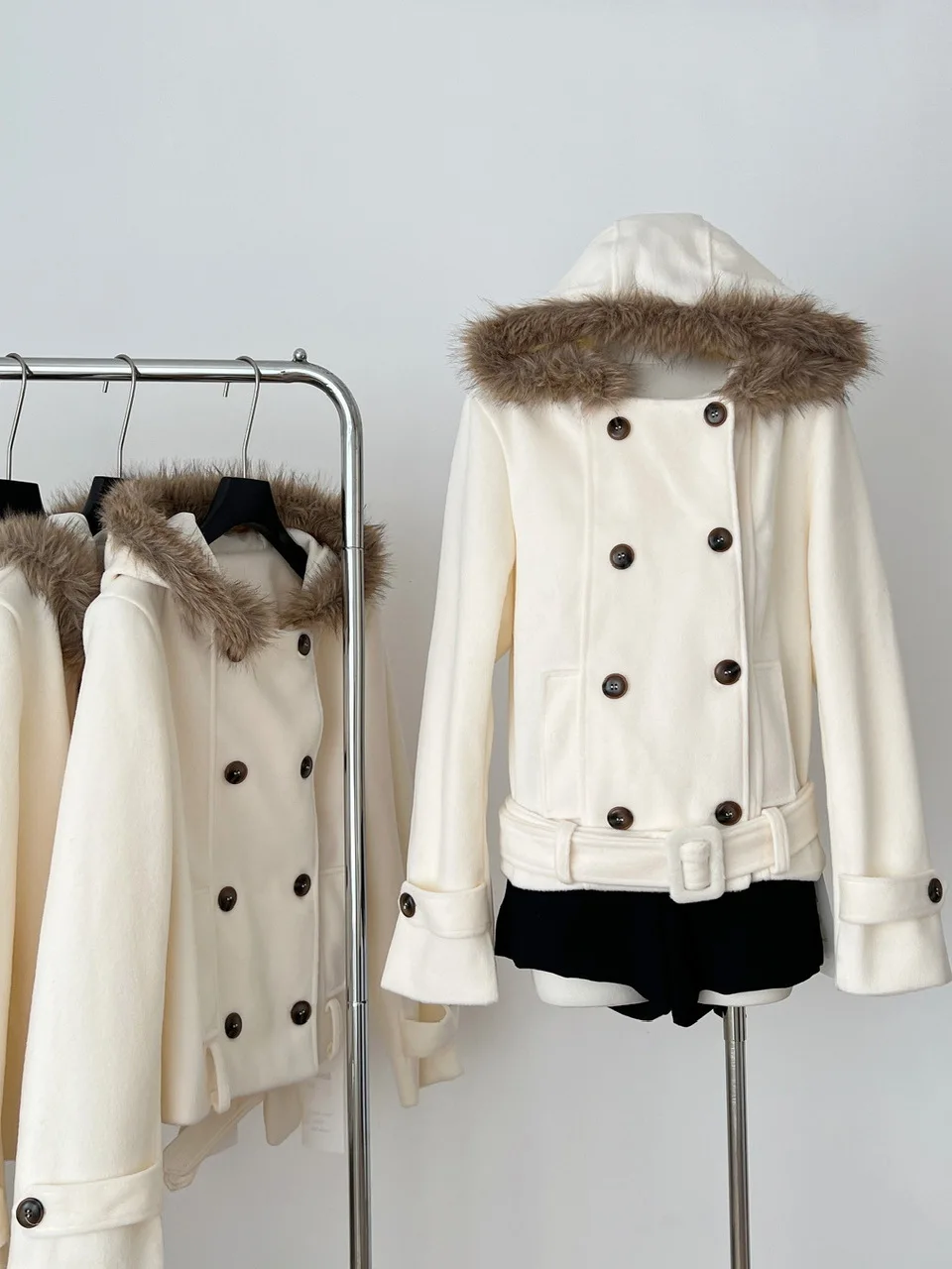 

Ele Thiened ort Woolen Coat with Fur Collar And Hood Women's Belted Outerwear for Autumn And Winter Sli Commute S...