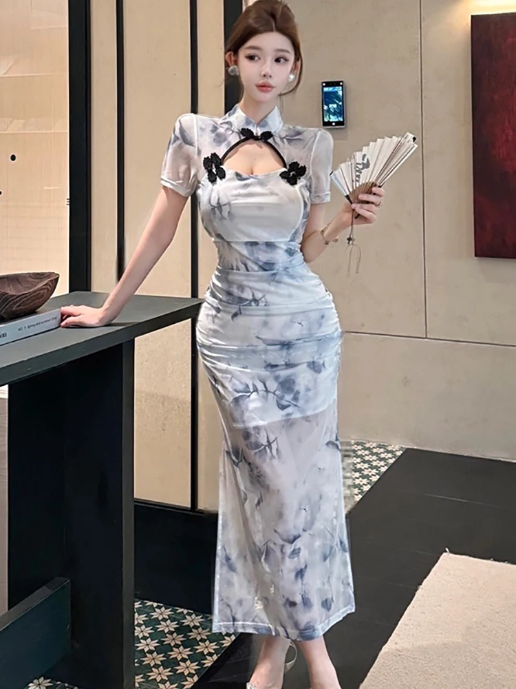 

Новинка 2025 года, сетчатое платье с принтом и воротником-стойкой, женское винтажное облегающее платье Cheongsam, летнее корейское элегантное роскошное ночное платье