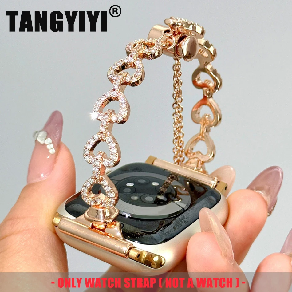 

Luxury Diamond Heart Bangle Strap For Apple Watch Band S10 9 8 7 6 SE 5 38/40/41/42/44/45/46/49mm IWatch Ultra 2 Shiny Bracelet