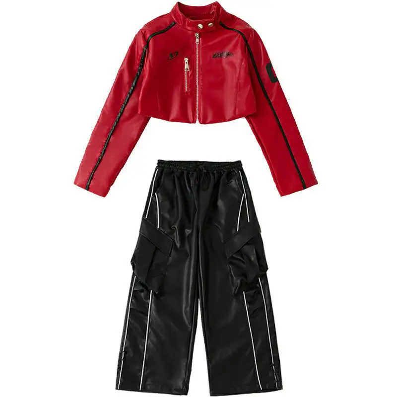 طفل Kpop الهيب هوب الملابس الأحمر فو الجلود زمم المحاصيل سترة سوداء بولي Street الشارع مخطط البضائع السراويل لفتاة ملابس رقص الملابس