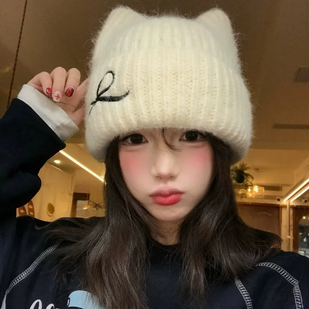 New Winter Cute Cat Ear Bow Knitted Slouchy Beanie for Women Thick Warm Pullover Hat for Big Head Face Slimming Oversized Cap