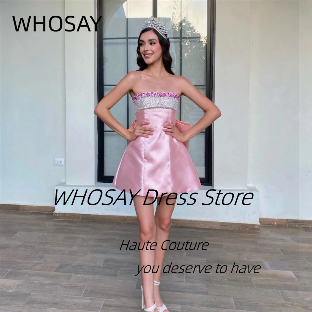 WHOSAY Индивидуальные платья для выпускного вечера без бретелек из бисера с бантом на шнуровке сзади Платье для выпускного вечера Мини-атласное коктейльное платье для ночного клуба WHOSAY Индивидуальные платья для выпускного вечера без бретелек из бисера с бантом на шнуровке сзади Платье для выпускного вечера Мини-атласное коктейльное платье для ночного клуба