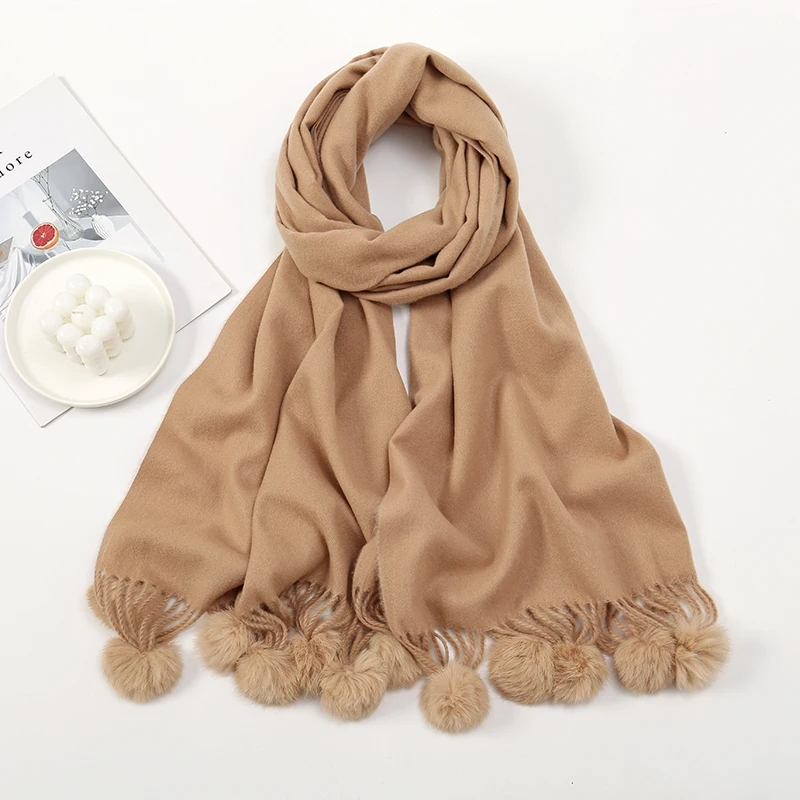 Hair Ball Imitation Cashmere Scarf For Women Autumn Winter Long Scarf Shawl Warm Thick Wraps Solid Color Fashion Stoles