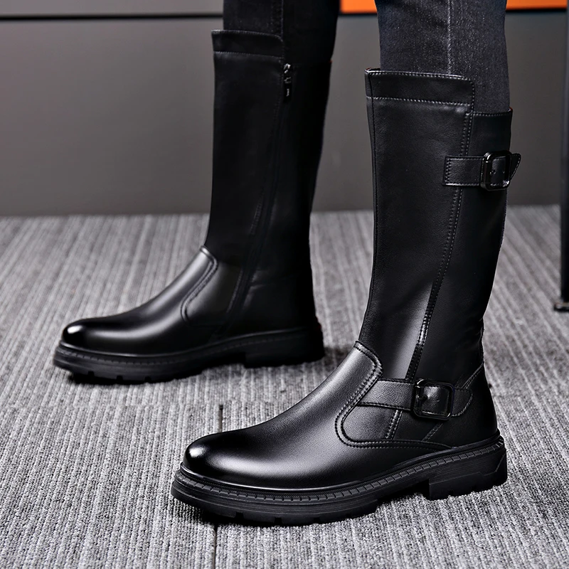

New High-Top Boots Genuine Leather Thi Bot Men's Boots Autumn Winter Faion Knight Sle Korean Version Boots