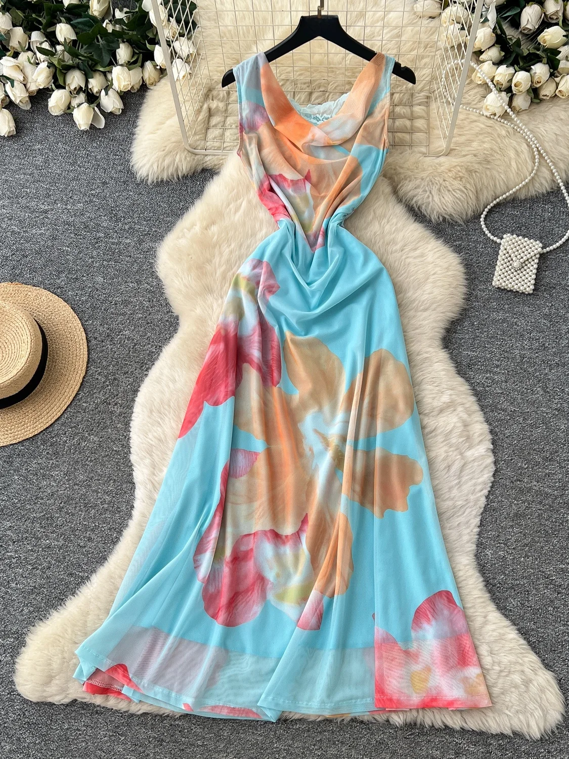 Vacation Style Blue Floral Print Sleeveless Women's Dress High Waist Beachy Waist Cinching Long Skirt Autumn Collection