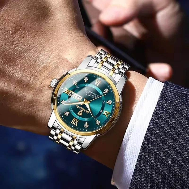 BINBOND Authentic Waterproof Night Light Business Diamond Inlaid Men's Watch Steel Strap Butterfly Buckle Display Date and Week