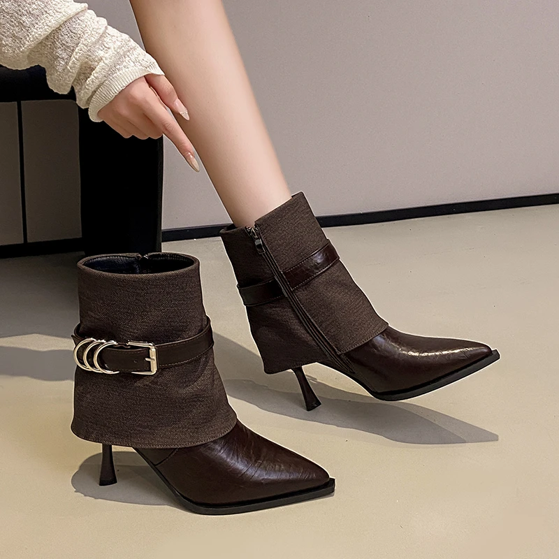 Pointed Toe Stiletto Heel Pile Booties Women's New Belt Buckle Side Zipper Retro Skinny Heels