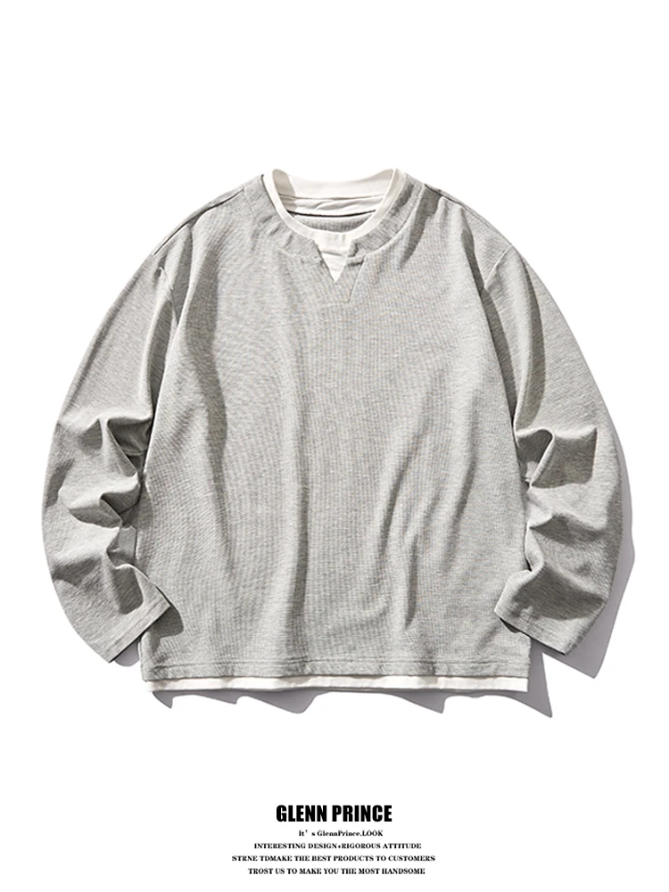 

Мужская футболка свободного кроя с длинным рукавом и V-образным вырезом, весенне-осенняя, универсальная, в американском стиле, с вафельным узором, повседневная, хлопковая.