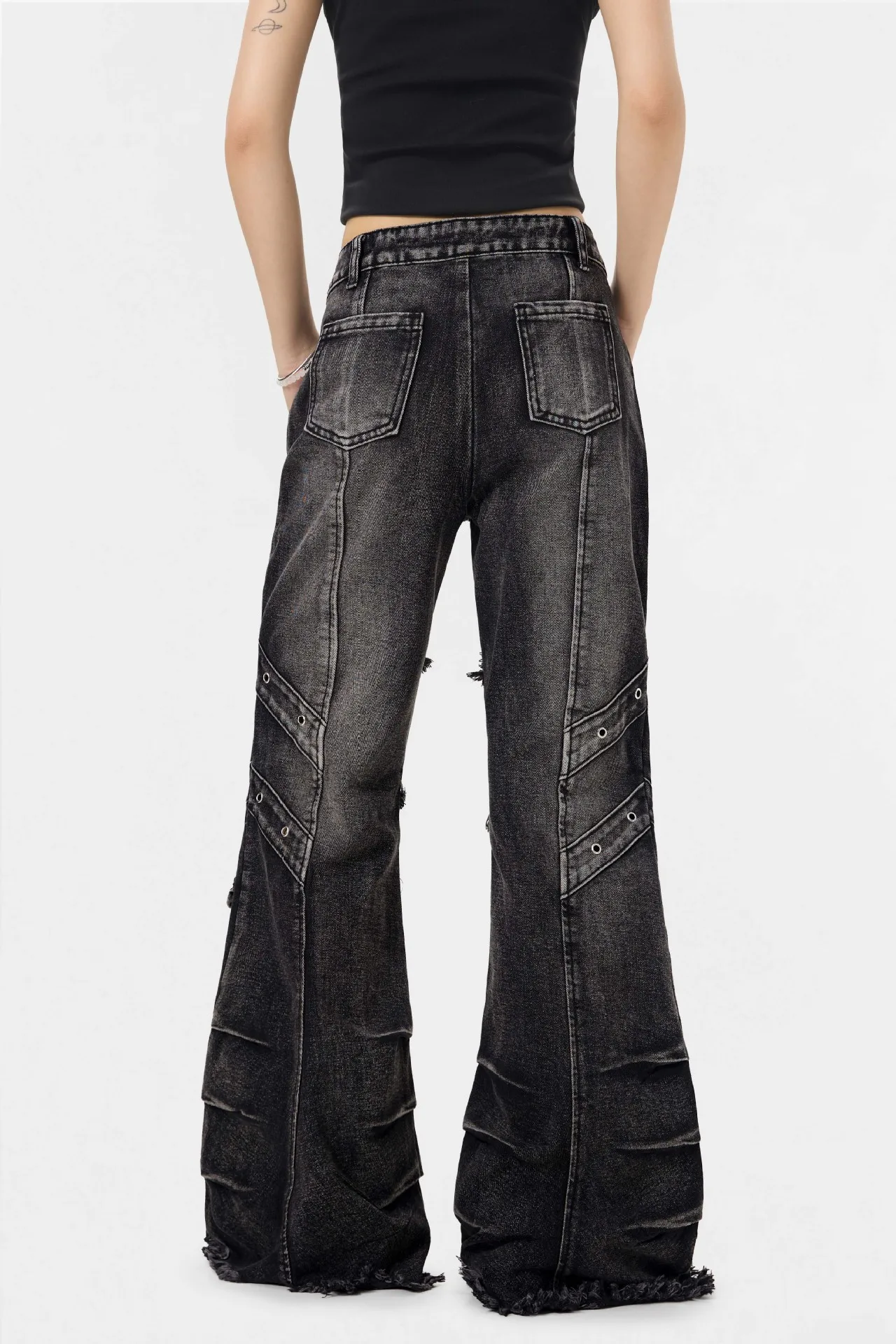 2026 New Women's Black Distressed Denim Jeans Vintage Washed Cargo Multi-Pocket Wide Leg Pants Y2K Hot Girl Streetwear Jeans