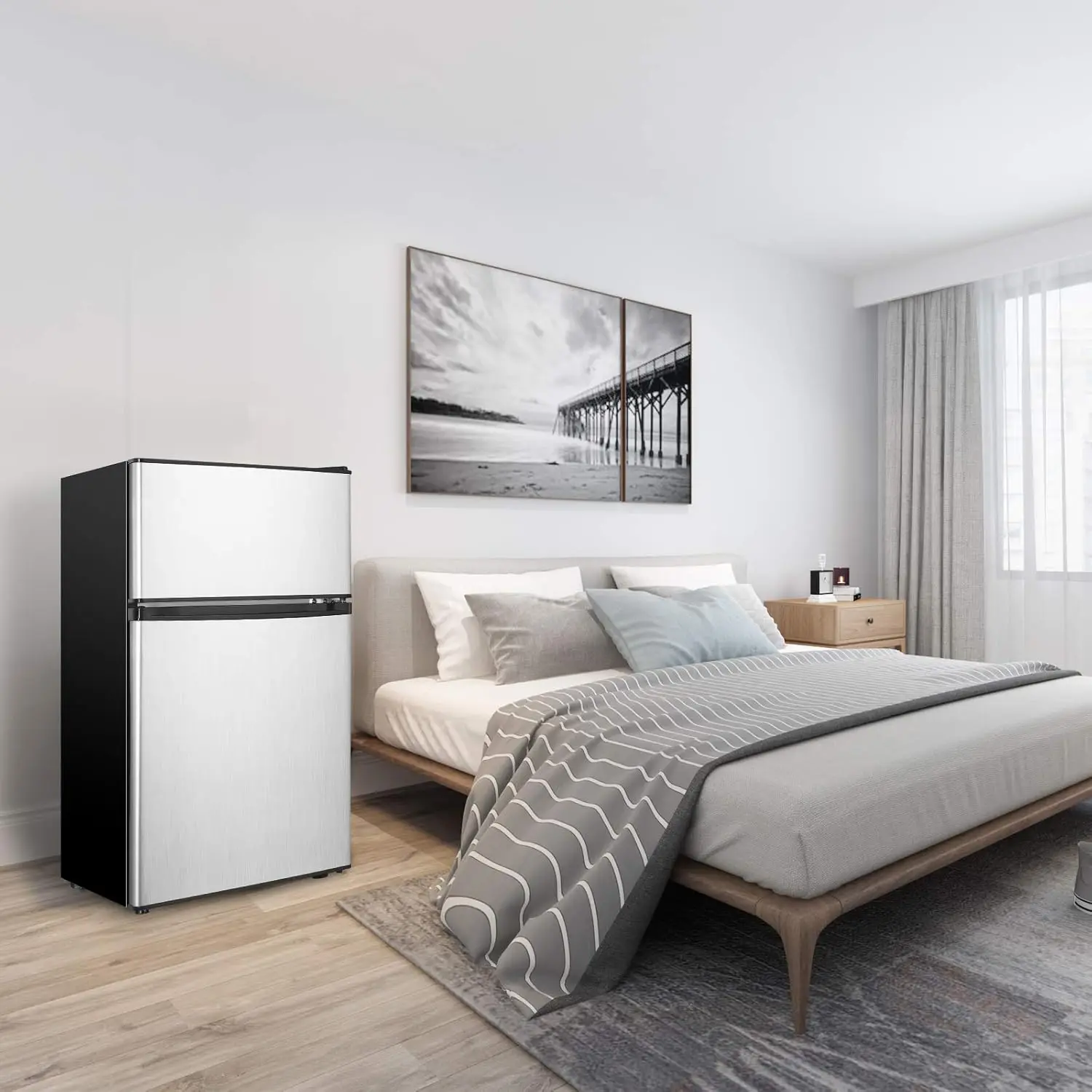 Fridge With Freezer,3.2 Cu.Ft Compact Refrigerator,Mini Refrigerator With 2 Doors For Bedroom,Office,Kitchen,Apartment,Dorm(sliv