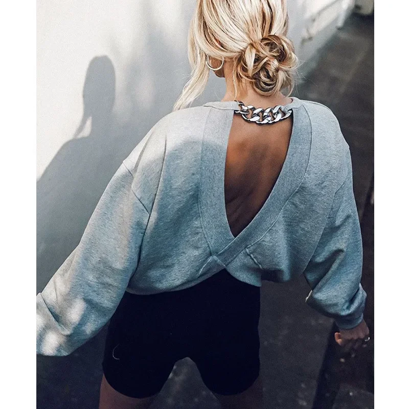 Round Neck Sexy Grey Chain Loose Gray Backless Sports Long-sleeved T-shirt Mujer Women's Top Spring and Autumn 2021 New Fashion