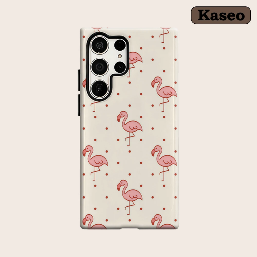Kaseo Phone Case for Samsung Galaxy S26 S25 Ultra S24 S23 Ultra Plus Shockproof Double Layer Pink Flamingo & Polka Dot Cover