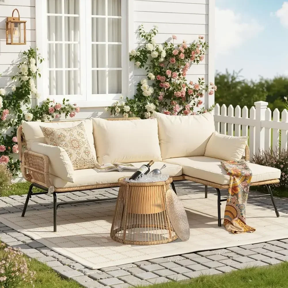 3-Piece L-Shaped Wicker Patio Furniture Set with Beige Cushions and Ice Bucket for Outdoor Spaces