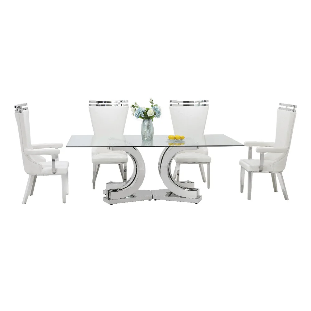 

Glass dining table light luxury large flat high-end household 2.2 meters 10 people eating table stainless steel silv