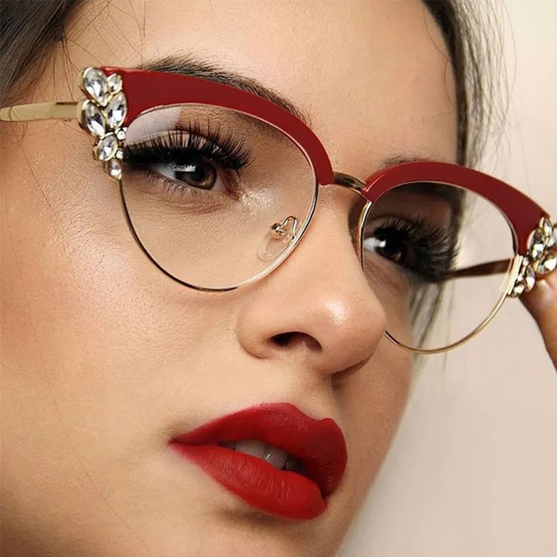 Gafas de protección ocular antiazul para mujer, conjunto con diamantes de imitación brillantes, Ojo de Gato, tendencia de moda, todo en uno