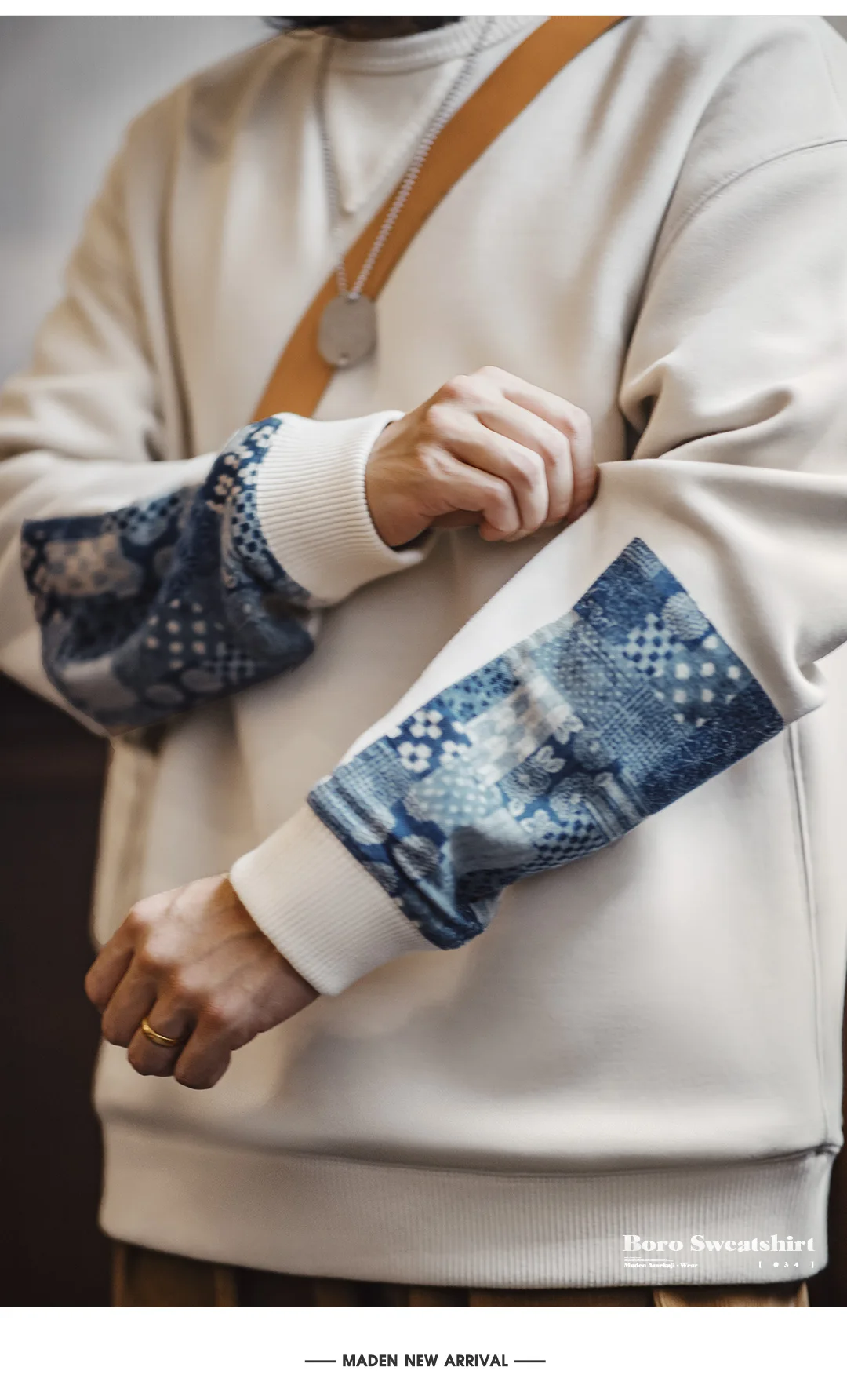 Boro Patchwork Sweatshirt — Japanese-Inspired Sashiko Sleeve — Brown & Cream Sb967c6103c5b4116af00212528d3a8b9M