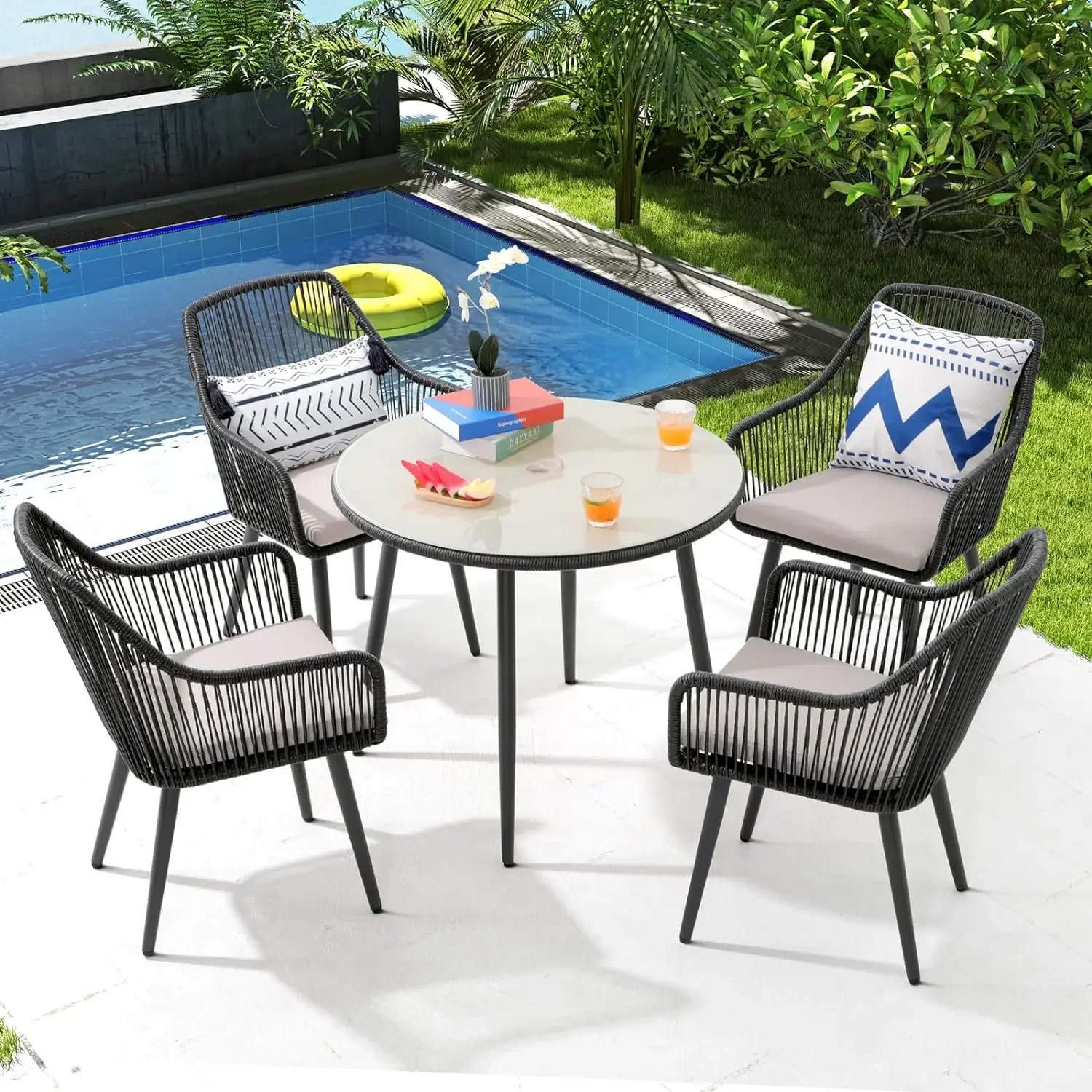 

Outdoor Dining Table Chair Set, All-Weather Twisted Rattan Wicker Rope Conversation Set, Patio Furniture Set w/Umbrella Hole