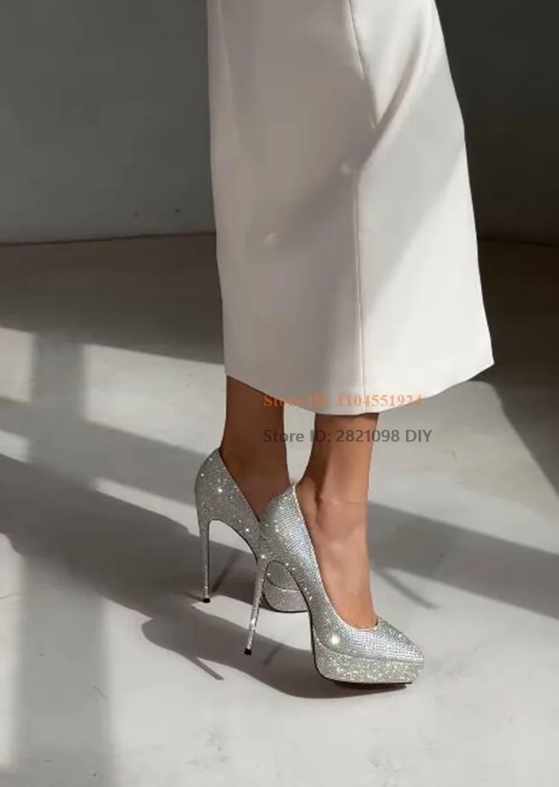 بلينغ بلينغ خنجر كعب جلد فضي كريستال أشار تو منصة مضخات عالية الكعب فستان أحذية النساء رقيقة عالية الكعب #1
